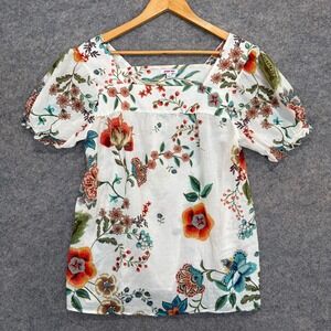 Johnny Was Ekru Ardell Puff Sleeve Top Womens Small Floral Flowers Blouse Boho